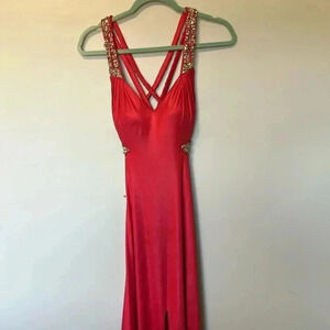La  Femme coral crystal crossed straps back slit dress